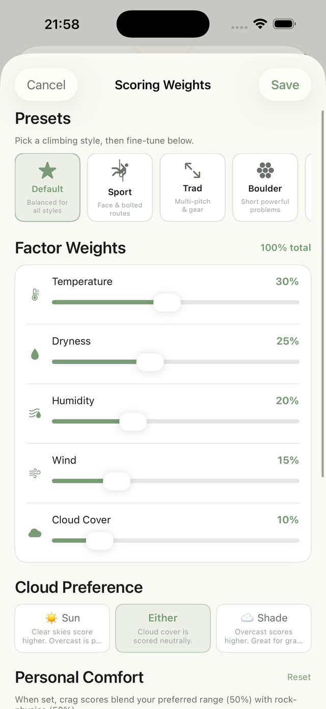 Custom scoring weights editor