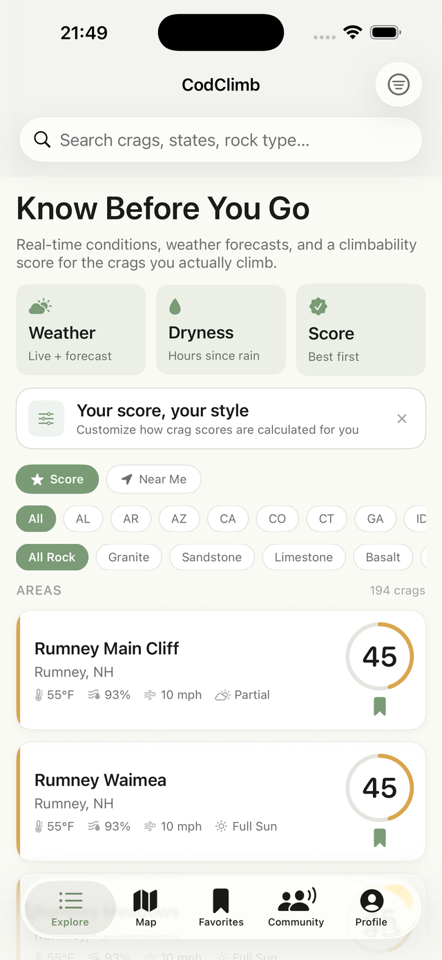 Explore tab showing crag list with live scores