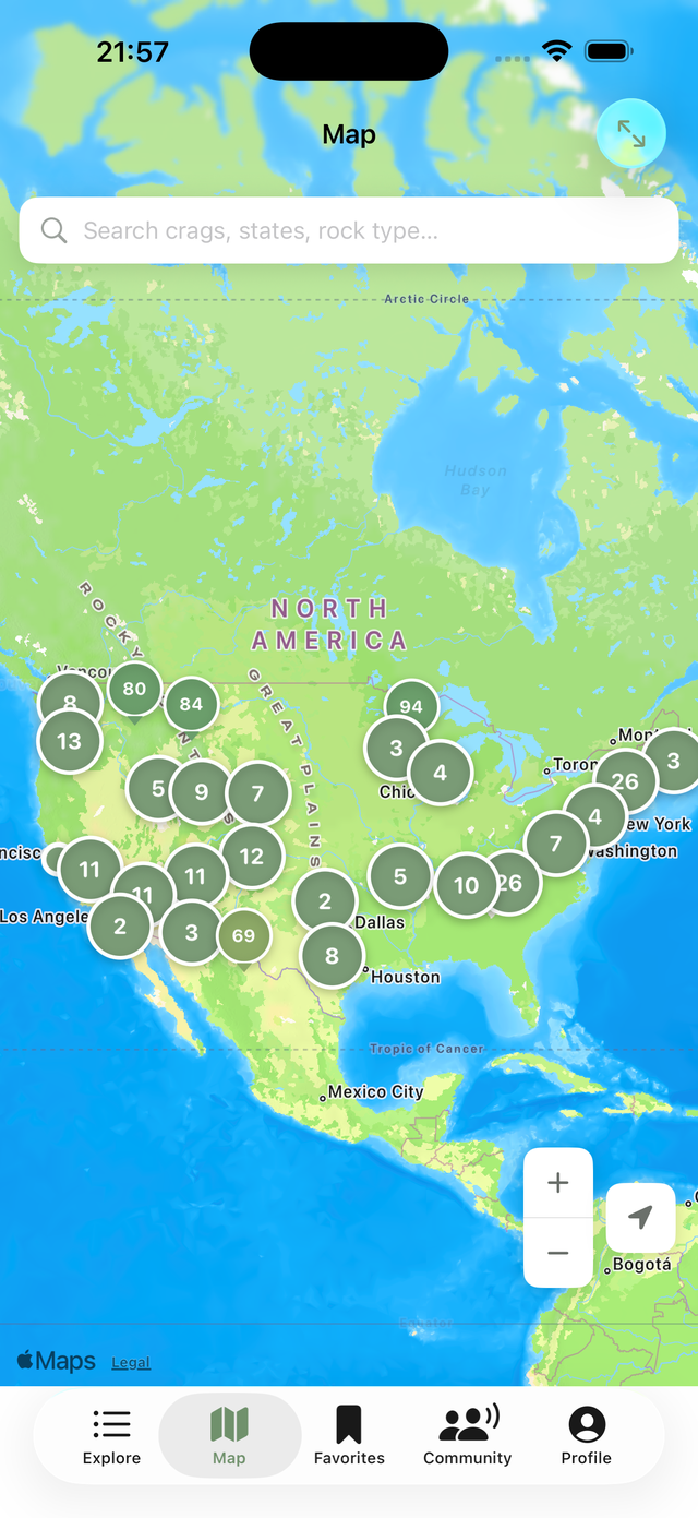 Interactive map with score-colored pins