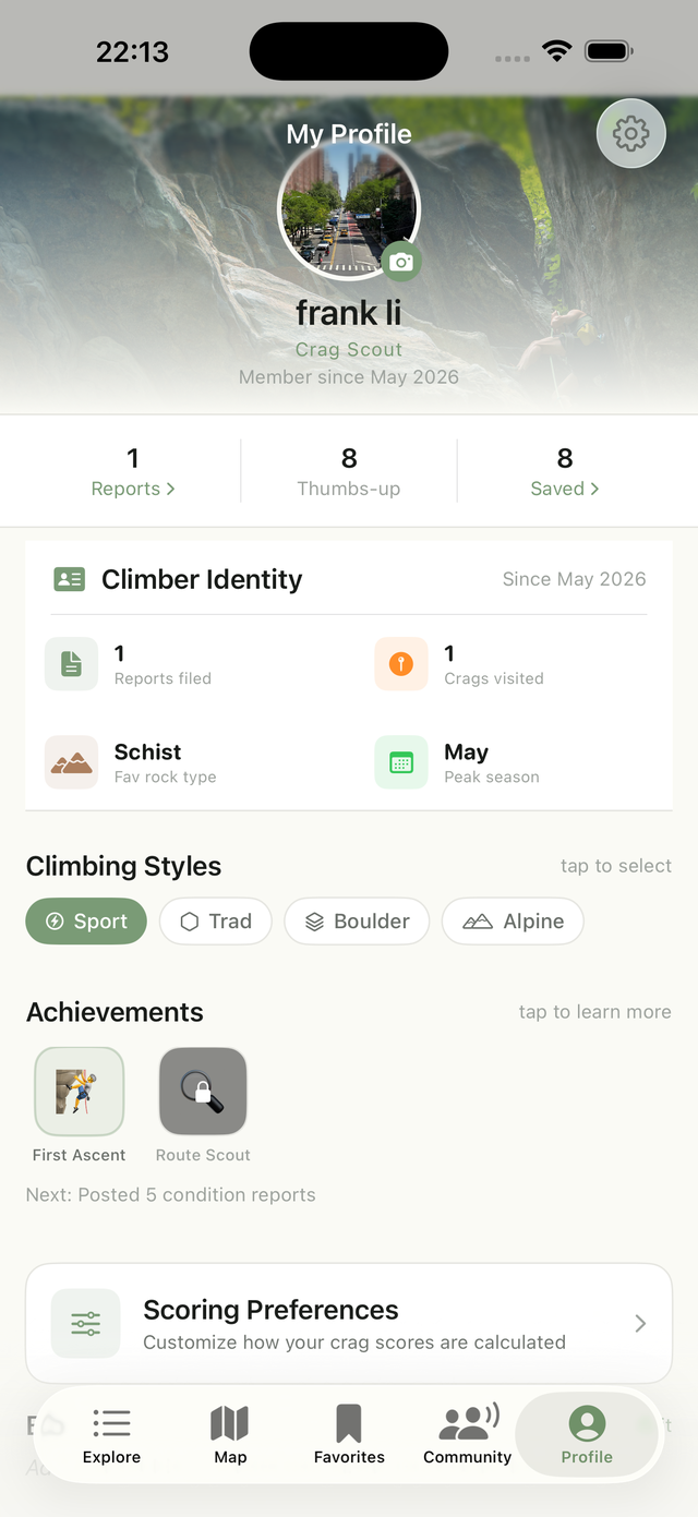 User profile page with achievements