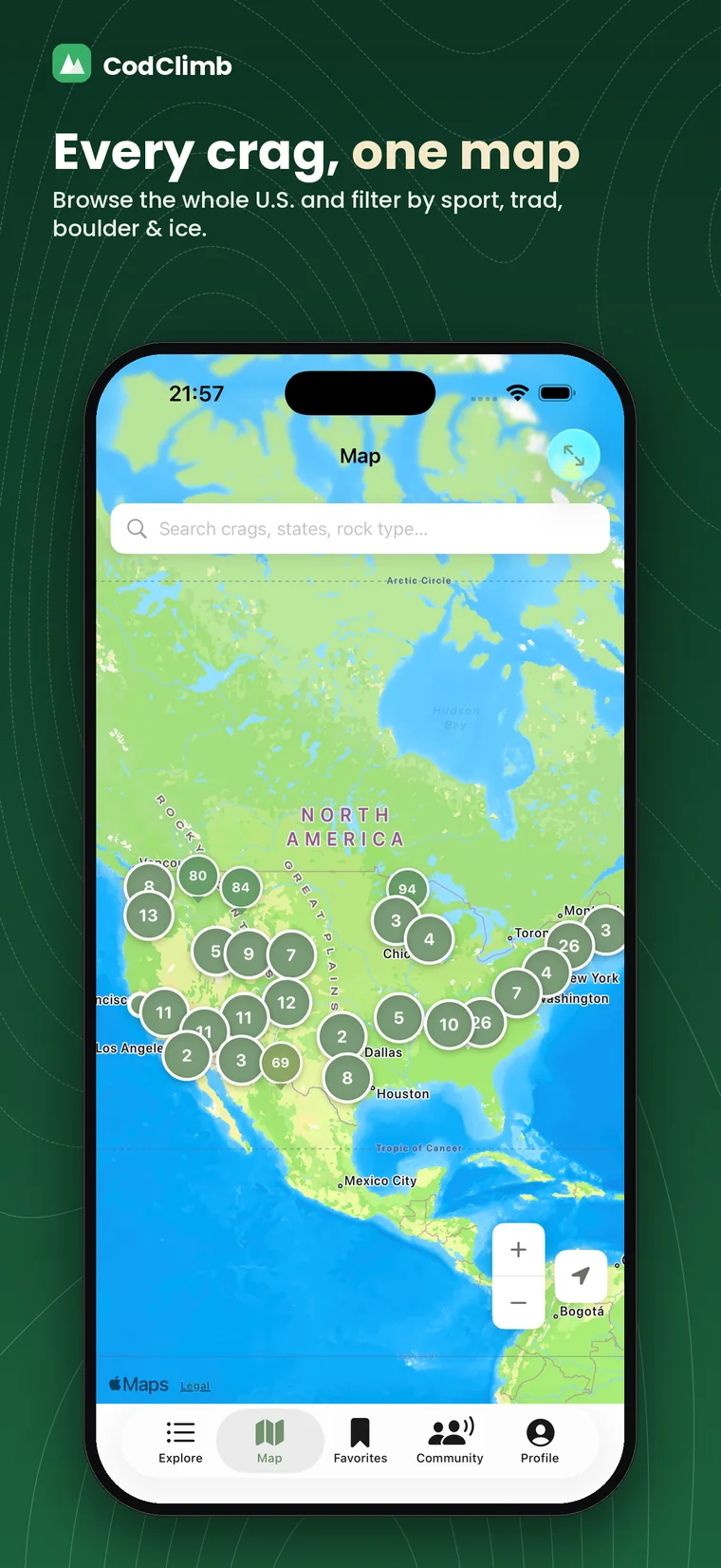 Every crag on one map — filter by sport, trad, boulder and ice