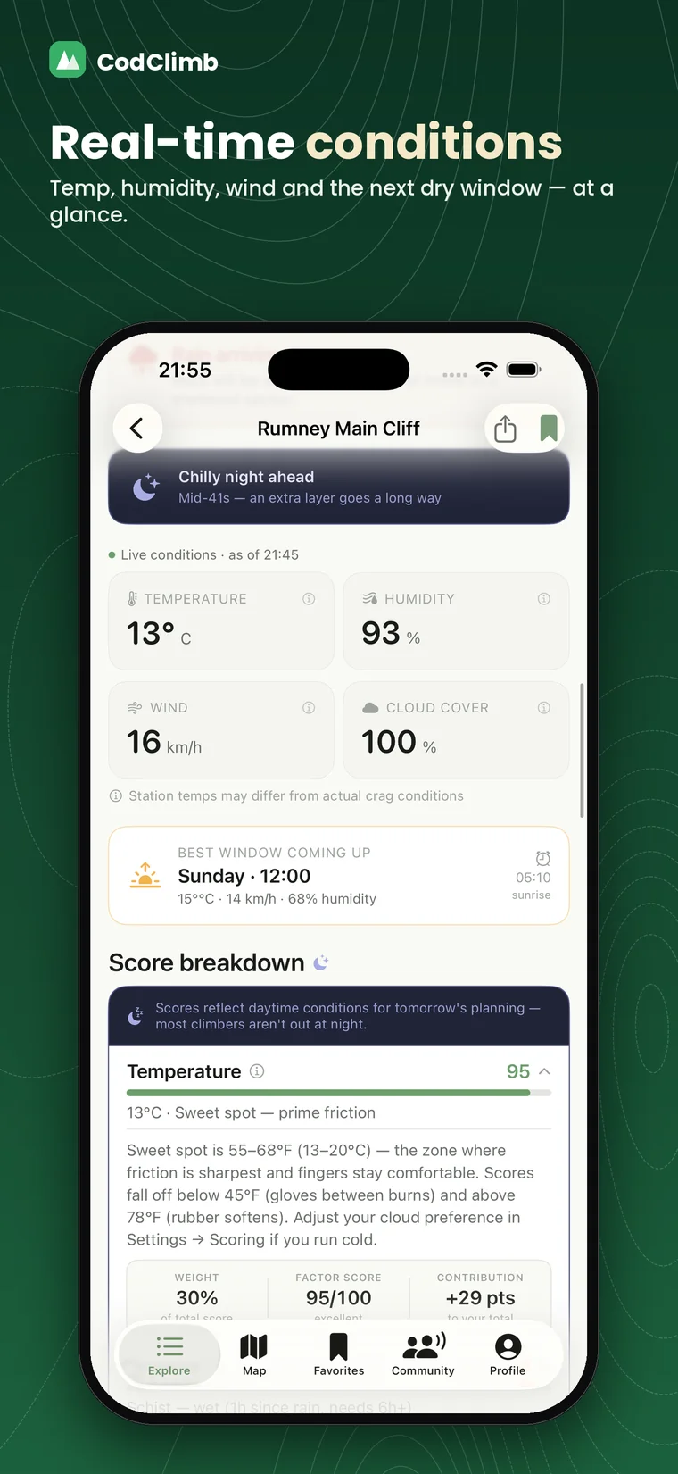 Real-time conditions — temp, humidity, wind and the next dry window