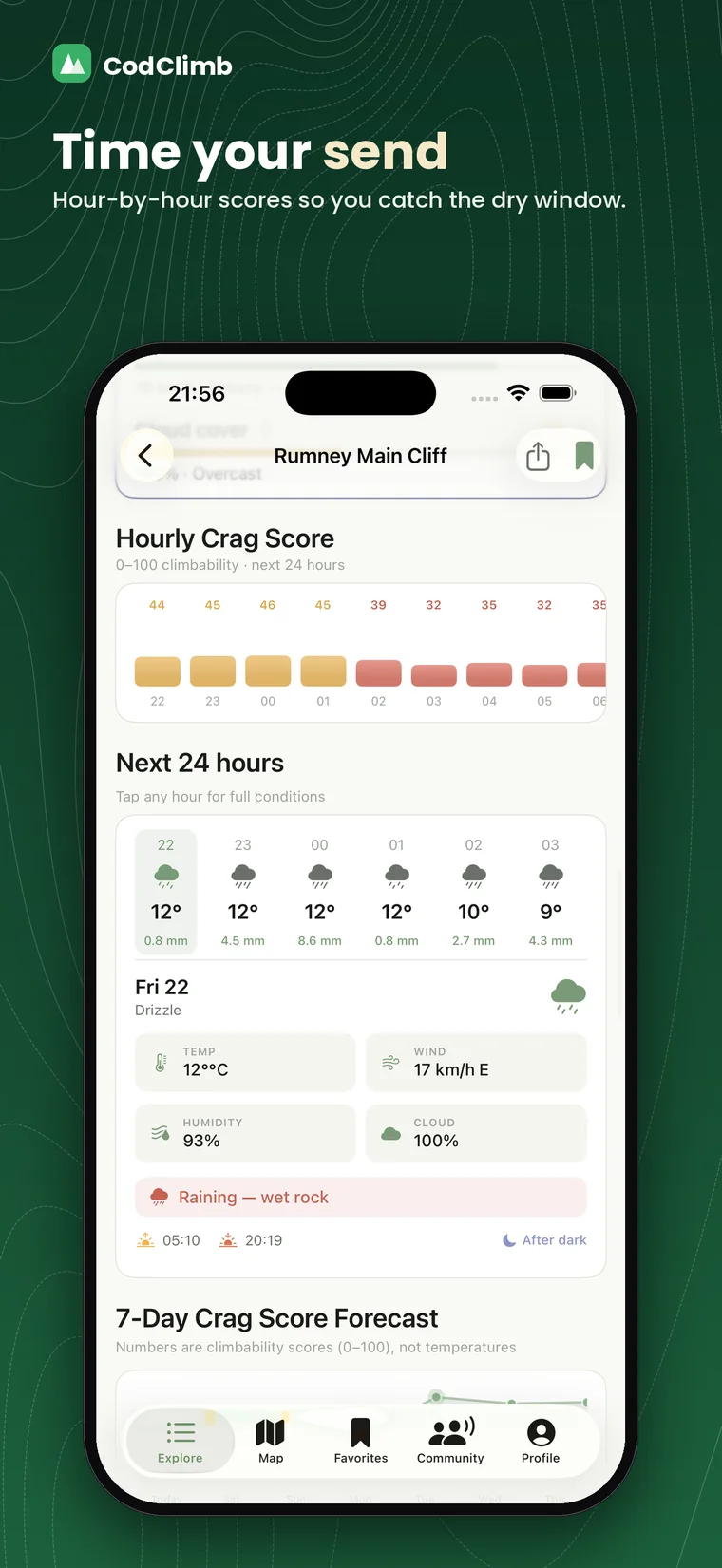 Time your send — hour-by-hour crag scores