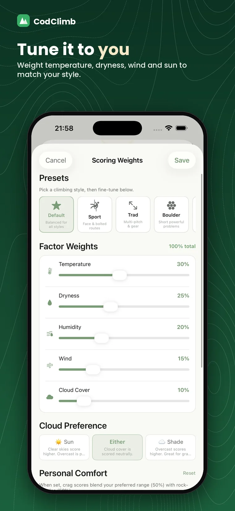 Tune scoring to you — weight temp, dryness, wind and sun