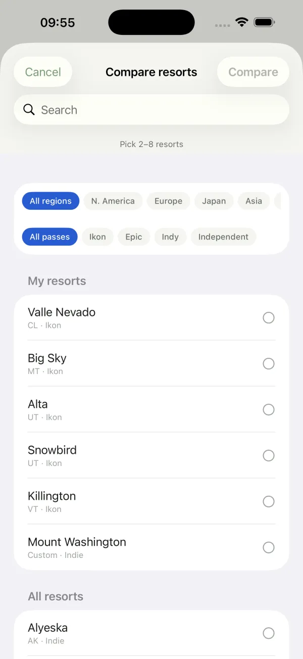 Pick 2–8 resorts to compare