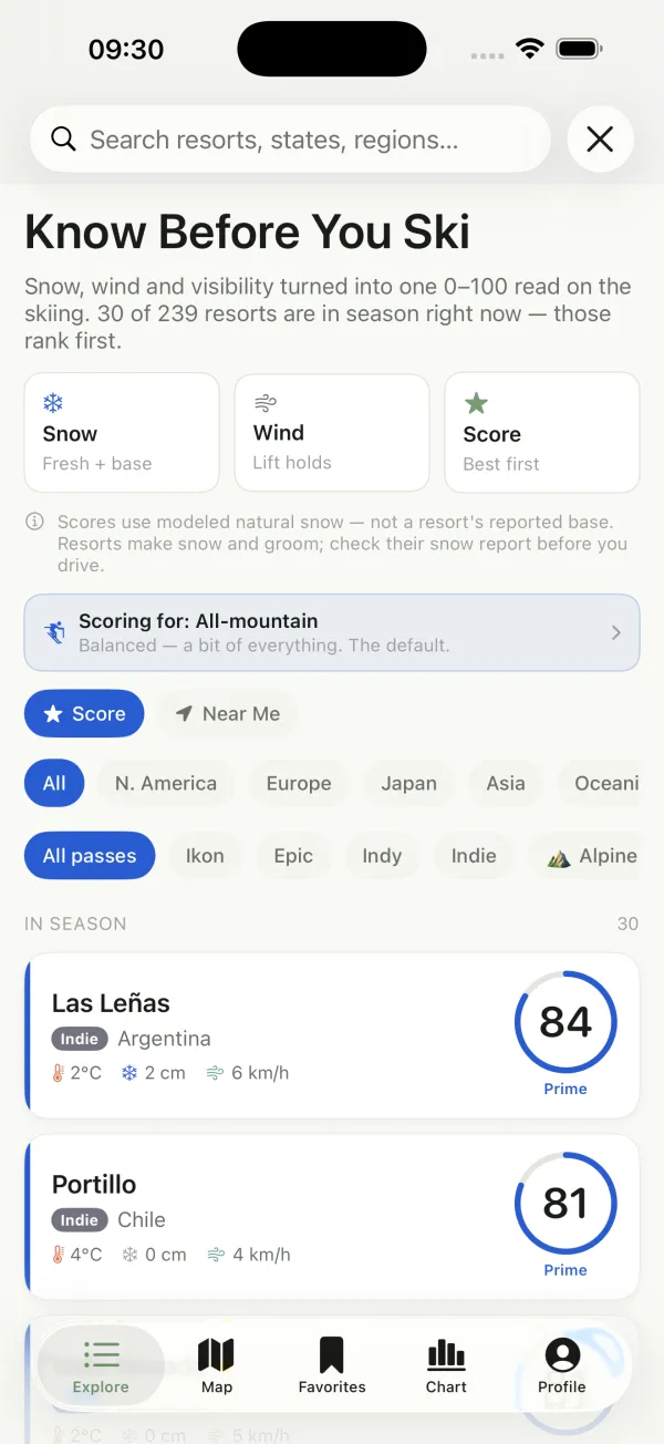 Explore in Snow mode: resorts ranked by snow score