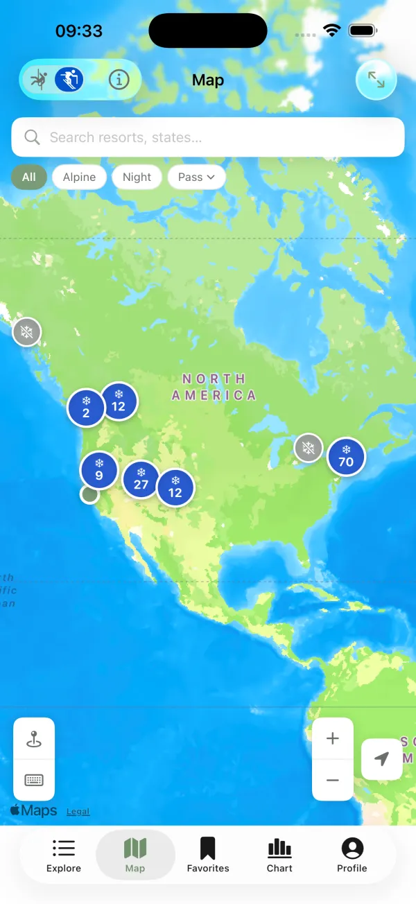 Snow map with resort bubbles