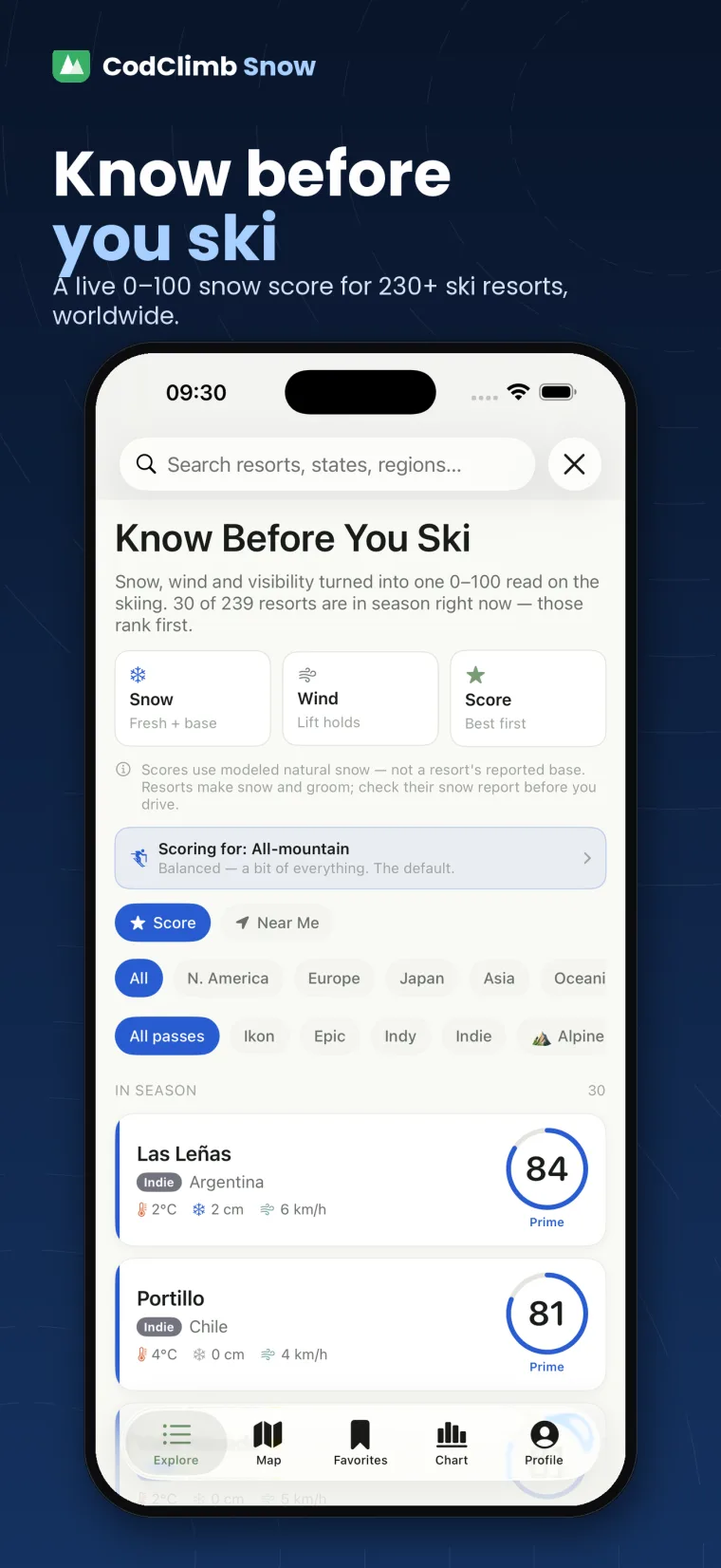 Know before you ski — a live 0–100 snow score for 230+ ski resorts