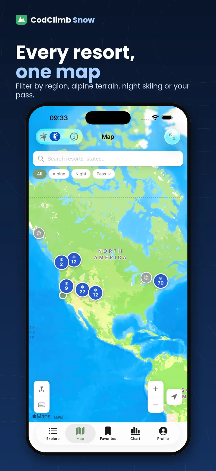 Every resort, one map — filter by region, alpine terrain, night skiing or pass